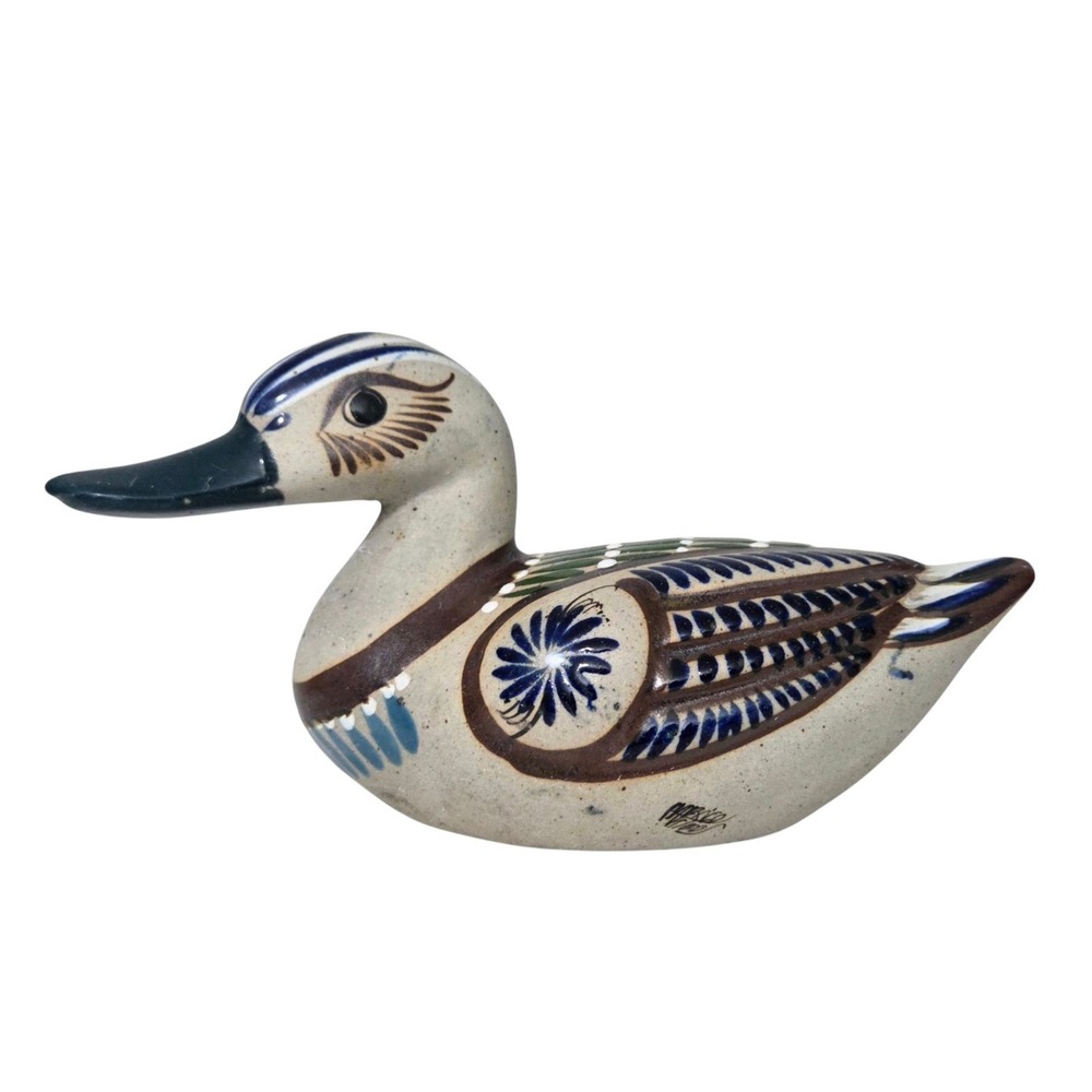 Vintage Tonala Mexico Pottery Duck Figurine Hand Painted Blue Signed Folk Art